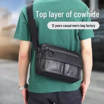 Мужская сумка-мессенджер из натуральной кожи в стиле ретро через плечо - большая вместимость, модная деловая сумка через плечо 2707B, tree paste cowhide чёрный