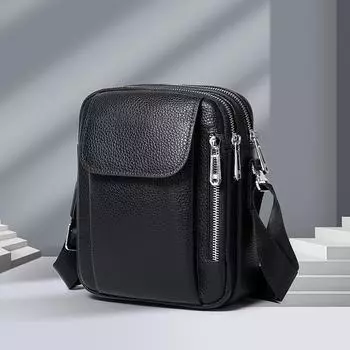 Мужская сумка-мессенджер из натуральной кожи высшего качества - большая вместимость, первый слой из коровьей кожи 88390A чёрный