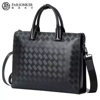 Мужская сумка, модная, первый слой, воловья кожа, клетчатая, компьютерная сумка, деловая, большая вместимость, многофункциональная, одинарная сумка чёрный
