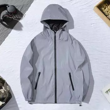Мужская светоотражающая куртка с капюшоном, длинный рукав, ветрозащитная застежка-молния, двойной карман, дизайн, скалолазание, походы, бег, пальто M серый