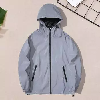 Мужская светоотражающая куртка с капюшоном, длинный рукав, ветрозащитная застежка-молния, двойной карман, дизайн, скалолазание, походы, бег, пальто M серый