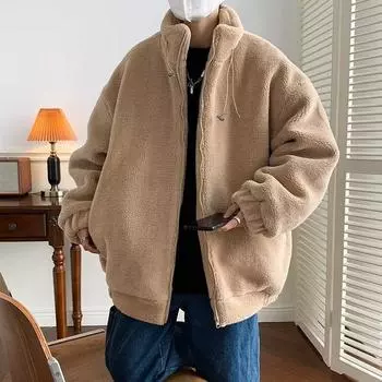 Мужская свободная флисовая куртка в корейском стиле - утолщенная повседневная мода осень/зима Large хаки