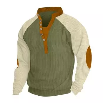 Мужская свободная футболка с длинными рукавами и v-образным вырезом на пуговицах реглан в стиле пэчворк S чёрный