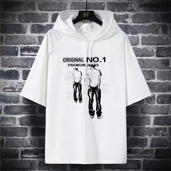Мужская свободная футболка с коротким рукавом и капюшоном, повседневная футболка больших размеров, футболка с принтом