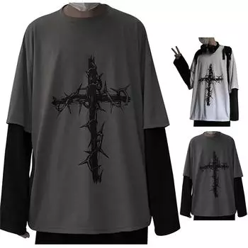 Мужская свободная футболка с принтом из двух частей с длинными рукавами и длинными рукавами Мужская футболка из двух частей с длинным рукавом
