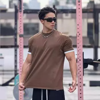 Мужская свободная хлопковая спортивная футболка - баскетбол, бег, тренировки, осень - круглый вырез, имитация двух частей XXL