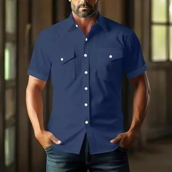 Мужская свободная классическая рубашка с лацканами и несколькими карманами, промышленная рабочая рубашка-топ XXL тёмно-синий