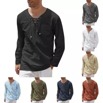 Мужская свободная модная повседневная рубашка с длинным рукавом и v-образным вырезом