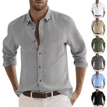 Мужская свободная однотонная рубашка большого размера с льняными лацканами и повседневными рубашками с длинными рукавами L чёрный