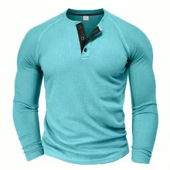 Мужская свободная однотонная рубашка Henley с круглым вырезом и длинным рукавом на полпуговицы для активного отдыха на свежем воздухе весной и осенью S небесно-голубой