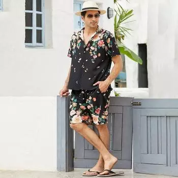 Мужская свободная пляжная повседневная рубашка с отложным воротником, комплект из двух предметов с принтом роз и короткими рукавами S чёрный