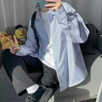 Мужская свободная полосатая рубашка с длинными рукавами M серый