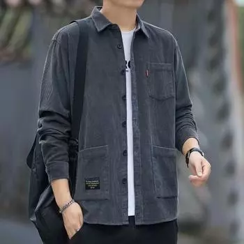 Мужская свободная повседневная куртка-рубашка с длинными рукавами. M серый