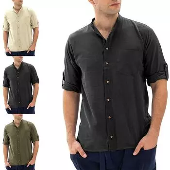 Мужская свободная повседневная рубашка из хлопка и льна с отложным воротником и длинными рукавами M чёрный