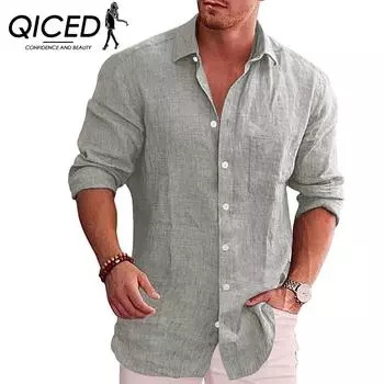 Мужская свободная рубашка большого размера, однотонная, льняная, с воротником-поло и длинным рукавом, повседневная рубашка S белый