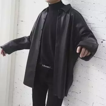 Мужская свободная рубашка из искусственной кожи с длинным рукавом: Однотонный в американском стиле, универсальный на осень, модный для студентов и пар M
