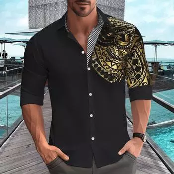 Мужская свободная рубашка, классические рубашки, повседневная уличная одежда, кардиган с длинным рукавом и золотым тиснением, мужские топы M чёрный
