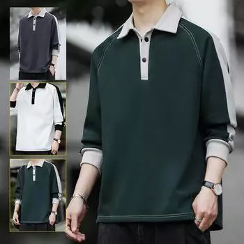 Мужская свободная рубашка поло с длинными рукавами на весну и осень XXXL белый