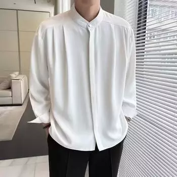 Мужская свободная рубашка с длинным рукавом и воротником-стойкой на весну и осень 2024 г. 3XL кофейный