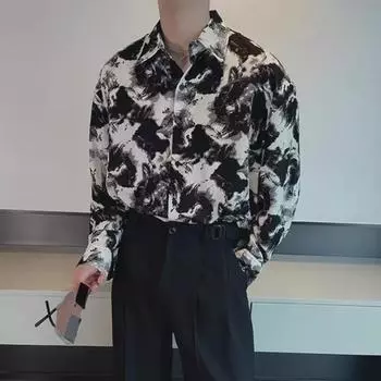 Мужская свободная рубашка с длинным рукавом в стиле зрелого стиля на осень (2023) Large чёрный