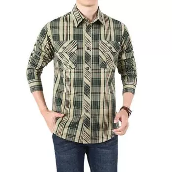 Мужская свободная рубашка с длинными рукавами плюс размер, деловая повседневная клетчатая рабочая рубашка M хаки