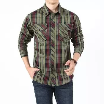Мужская свободная рубашка с длинными рукавами плюс размер, деловая повседневная клетчатая рабочая рубашка M хаки