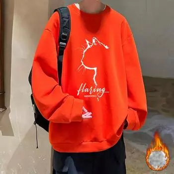 Мужская свободная толстовка в стиле хип-хоп с принтом профиля кошки и круглым вырезом, свободный однотонный толстый плюшевый свитер средней длины, повседневный спортивный уличный топ M белый