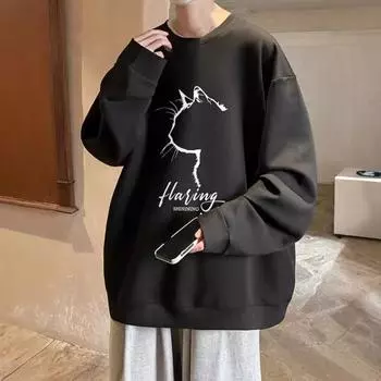 Мужская свободная толстовка в стиле хип-хоп с принтом профиля кошки и круглым вырезом, свободный однотонный толстый плюшевый свитер средней длины, повседневный спортивный уличный топ M чёрный