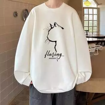 Мужская свободная толстовка в стиле хип-хоп с принтом профиля кошки и круглым вырезом, свободный однотонный толстый плюшевый свитер средней длины, повседневный спортивный уличный топ L белый