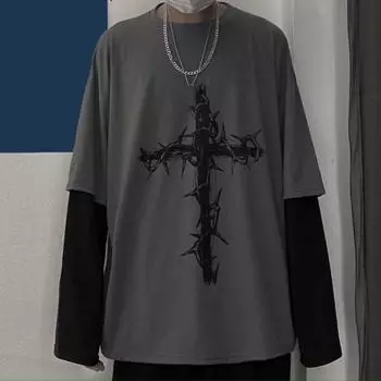 Мужская темная свободная футболка в стиле хип-хоп с принтом шипов и крестом, свободная футболка с круглым вырезом, искусственные топы из двух предметов с длинными рукавами, уличная одежда L белый