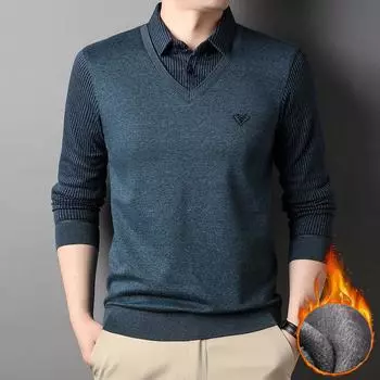 Мужская теплая деловая повседневная толстовка. Теплые толстовки на подкладке из шерпы. Тяжелые футболки с длинными рукавами. Нижнее белье. Зимний флисовый пуловер для мужчин. M синий