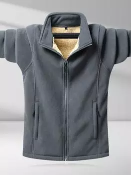 Мужская теплая флисовая куртка-кардиган из овчины — большой размер, осень/зима, воротник-стойка. L