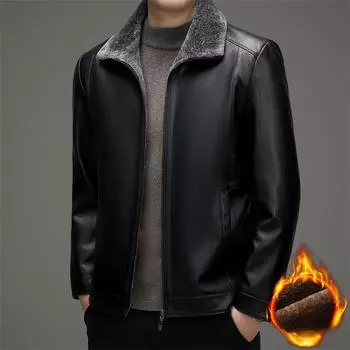 Мужская теплая кожаная куртка с утолщенным мехом на флисовой подкладке и интегрированным зимним папиным меховым воротником 170/M чёрный