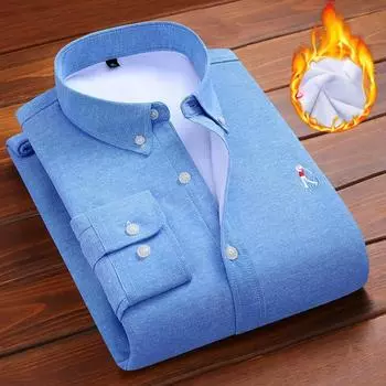 Мужская теплая рубашка, мужская флисовая утолщенная молодежная рубашка из оксфордского прядения из хлопка с длинным рукавом, однотонная вышитая мужская рубашка M белый