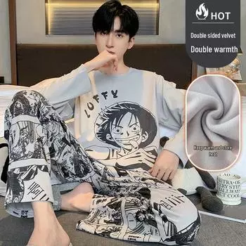Мужская теплая велюровая пижама - Повседневная с длинным рукавом и мультяшным принтом, Осенне-зимняя, Свободного кроя, С круглым вырезом, Подходит для подростков и детей. [Standard 3XL] Height ~185CM, Weight 160-180 jin