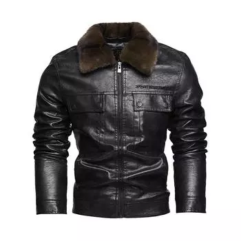 Мужская теплая винтажная куртка из искусственной кожи, ветрозащитная куртка-бомбер для мотоциклистов, приталенная зимняя куртка с подкладкой из искусственного меха, байкерская верхняя одежда, куртки для мужчин L чёрный