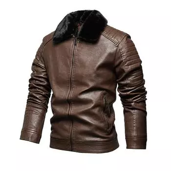 Мужская теплая винтажная куртка из искусственной кожи, ветрозащитная куртка-бомбер для мотоциклистов, приталенная зимняя куртка с воротником из искусственного меха, байкерская верхняя одежда, куртки для мужчин L чёрный