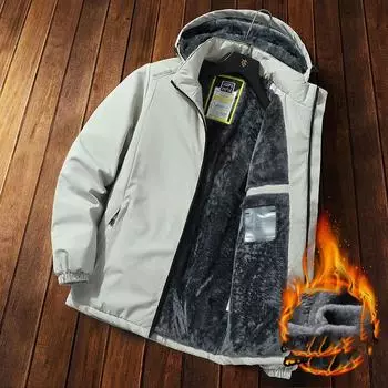 Мужская теплая зимняя флисовая парка с капюшоном, термостойкая мужская ветрозащитная теплая повседневная куртка с капюшоном, черная, толстая съемная шапка, флисовая парка M чёрный