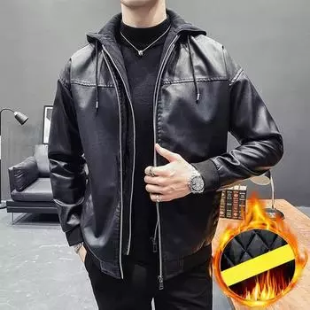 Мужская теплая зимняя кожаная куртка с капюшоном, мужская облегающая куртка из искусственной кожи для мотоциклистов, мужское пальто, теплая утолщенная байкерская кожаная куртка M