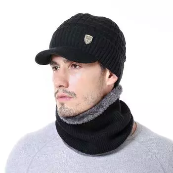 Мужская теплая зимняя шапка высокого качества зимние шапки для мужчин открытый шерстяной шарф шапка комплект модная вязаная шапка 55cm-63cm темно-серого