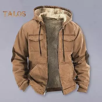 Мужская термокуртка с капюшоном, затягивающимся шнурком, длинным рукавом, однотонная куртка с карманами, застежкой-молнией, плюшевой подкладкой, спортивное пальто M хаки