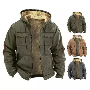 Мужская термокуртка с капюшоном, затягивающимся шнурком, длинным рукавом, однотонная куртка с карманами, застежкой-молнией, плюшевой подкладкой, спортивное пальто XL хаки