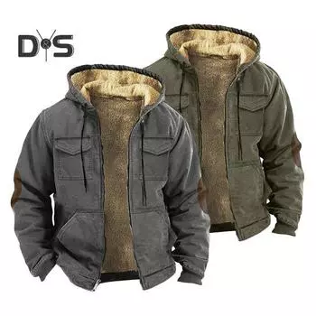 Мужская термокуртка с капюшоном, затягивающимся шнурком, длинным рукавом, однотонная куртка с карманами, застежкой-молнией, плюшевой подкладкой, спортивное пальто L хаки