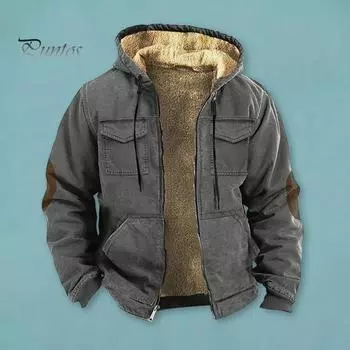 Мужская термокуртка с капюшоном, затягивающимся шнурком, длинным рукавом, однотонная куртка с карманами, застежкой-молнией, плюшевой подкладкой, спортивное пальто S серый