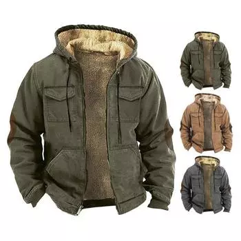 Мужская термокуртка с капюшоном, затягивающимся шнурком, длинным рукавом, однотонная куртка с карманами, застежкой-молнией, плюшевой подкладкой, спортивное пальто XL армия зеленый