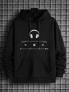 Мужская термотолстовка с капюшоном и карманом-кенгуру с принтом наушников и шнурком S