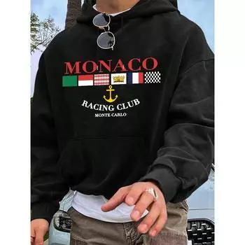 Мужская толстовка Monaco Urban Minimalist Creative Print Letter Casual Sports Commuter Versatile Black Hoodie с флисовой подкладкой S