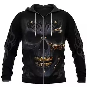 Мужская толстовка на молнии с черепом, топ на молнии с 3d принтом, осень-зима, винтажная куртка с длинными рукавами, модная мужская одежда оверсайз M
