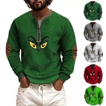 Мужская толстовка на молнии с винтажным принтом, мужская 2024 Grinchmas, графический воротник-стойка, пуловер XXL зелёный