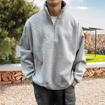 Мужская толстовка осень-зима с полузастежкой-молнией и воротником-стойкой, однотонный свободный пуловер с длинными рукавами L серый